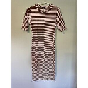 Vici Stripped‎ Ribbed Midi Dress Medium Brown White Bodycon Round Neck Womens